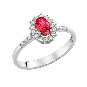 Δαχτυλίδι Λευκόχρυσο 14Κ Ροζέτα Οβάλ Με Κόκκινη Πέτρα Ζιργκόν Στο Κέντρο & Λευκές Περιμετρικά MSD-22622W
