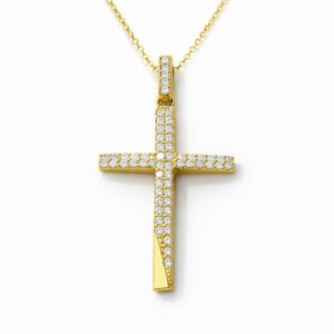 Σταυρός Γυναικείος Με Αλυσίδα Χρυσός Κ9 Με Λευκές Πέτρες Ζιργκόν SXS-24831Y-9Κ