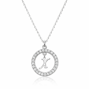 Κολιέ Ασημένιο 925 Κύκλος Με Λευκές Πέτρες Ζιργκόν & Μονόγραμμα “Χ” Στο Κέντρο MRS-24892W
